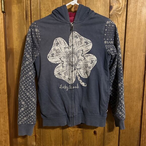 Lucky Brand Other - Vintage Y2K Lucky Brand Chain Stitch Flower Full Zip Blue Hoodie - Girls L 14/16